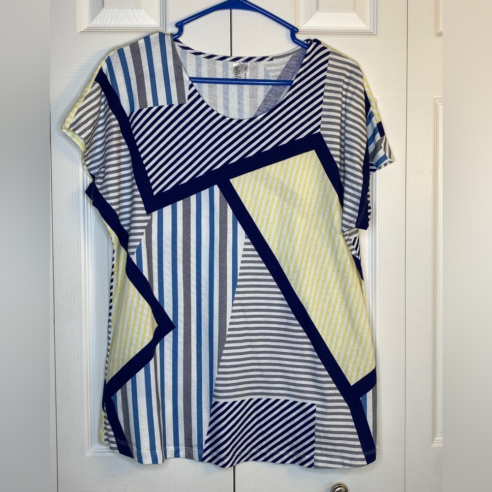 Women's Unbranded T-Shirt Striped Blue Yellow Gray Color Block 100% Cotton Sz 10